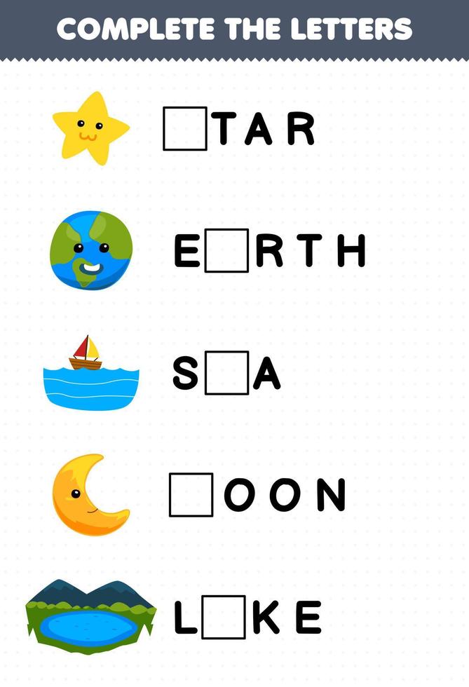 Education game for children complete the letters from cute cartoon star earth sea moon lake printable nature worksheet vector