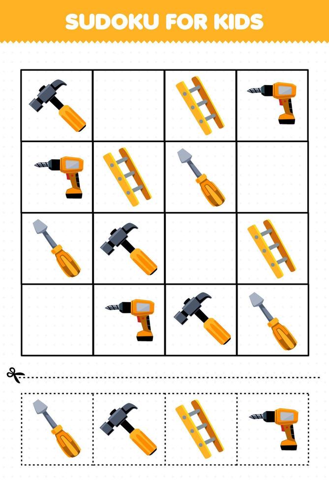 juego educativo para niños sudoku para niños con dibujos animados lindo martillo escalera taladro destornillador herramienta imprimible hoja de trabajo vector