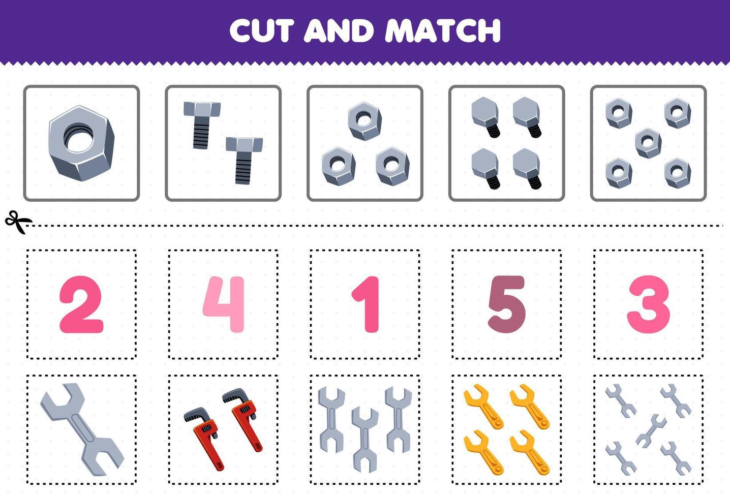 juego educativo para niños corta y combina la misma cantidad de hoja de trabajo imprimible de herramienta imprimible de tornillo de tuerca y llave inglesa vector
