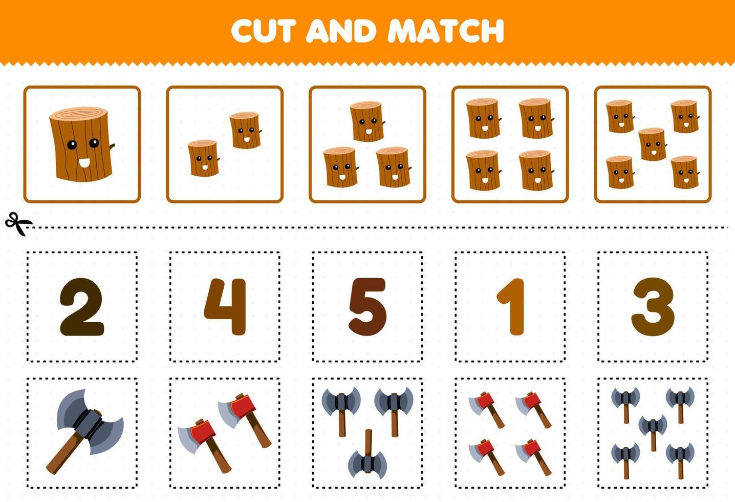 Education game for children cut and match the same number of cute cartoon wood log and axe printable tool worksheet vector