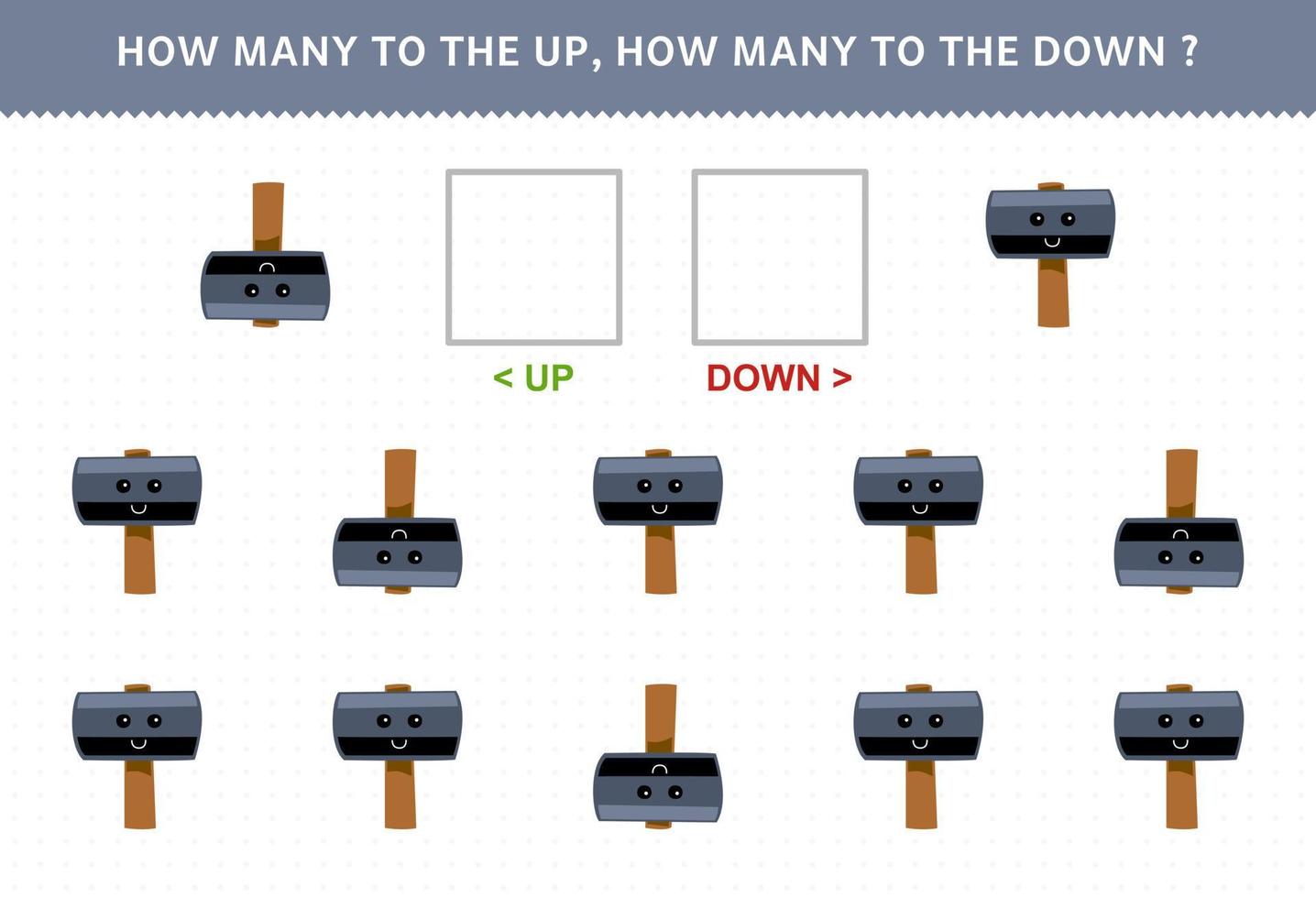 Education game for children counting how many up and down picture of cute cartoon hammer printable tool worksheet vector