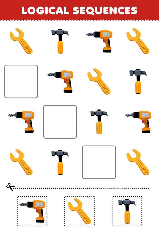Education game for children logical sequences for kids with cute cartoon drill hammer wrench printable tool worksheet vector
