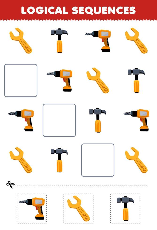 juego educativo para niños secuencias lógicas para niños con lindos dibujos animados taladro martillo llave herramienta imprimible hoja de trabajo vector