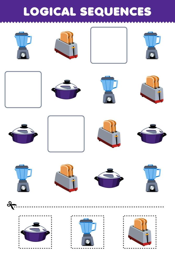 Education game for children logical sequences for kids with cute cartoon blender toaster pot printable tool worksheet vector