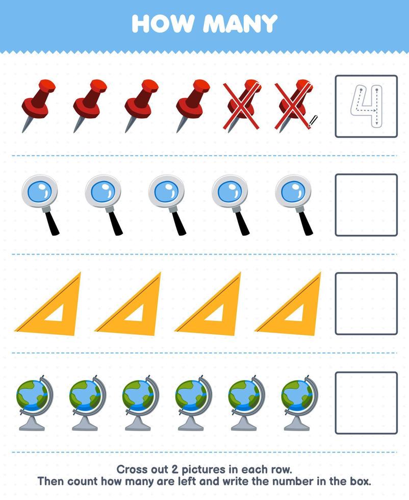 juego educativo para niños cuente cuántos lindos dibujos animados pin lupa regla globo y escriba el número en el cuadro herramienta imprimible hoja de trabajo vector