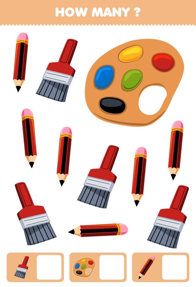 Education game for children searching and counting how many objects of cute cartoon pencil palette brush printable tool worksheet vector