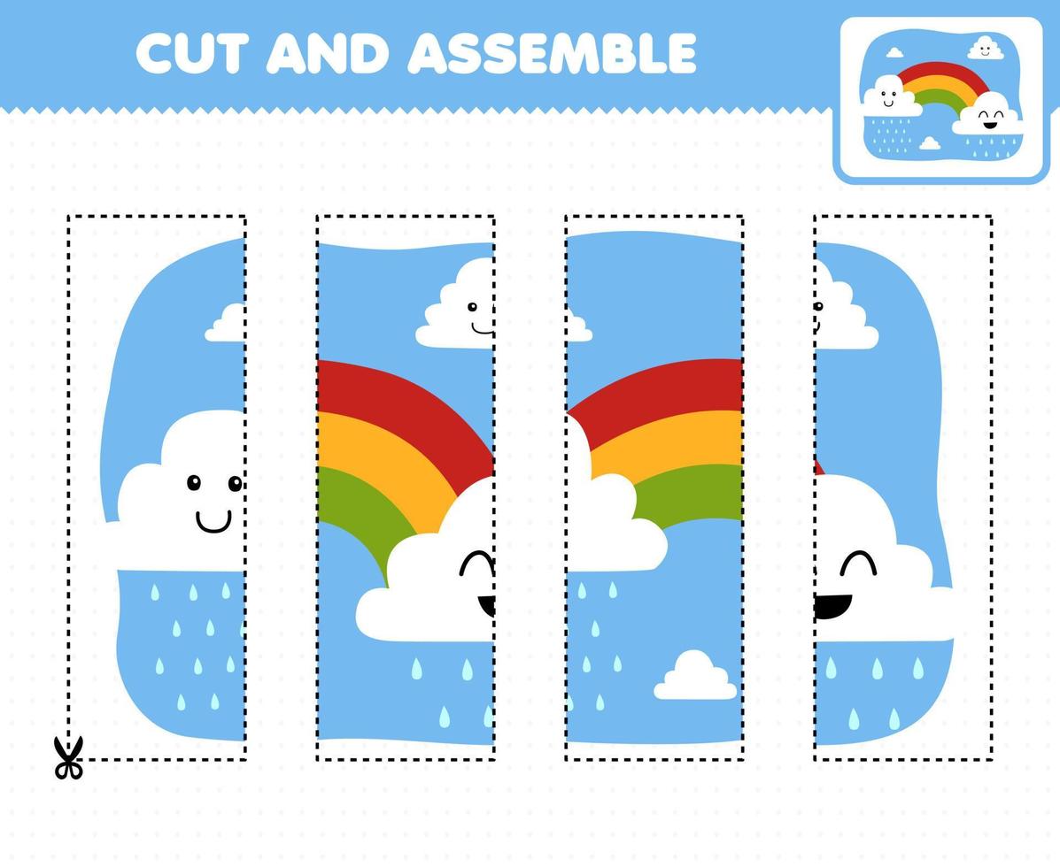 Education game for children cutting practice and assemble puzzle with cute cartoon rainbow behind the cloud in the sky printable nature worksheet vector