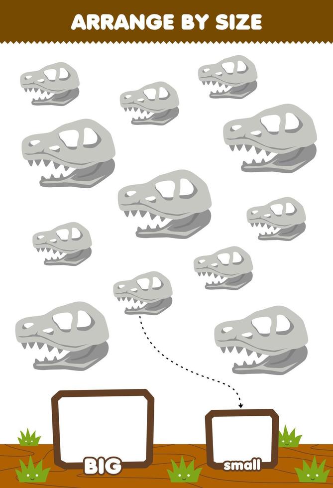 Education game for children arrange by size big or small put it in the gift box of cute cartoon dinosaur bone fossil printable nature worksheet vector