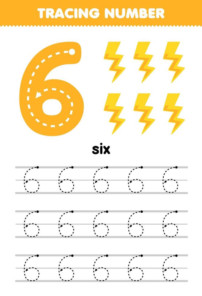 Education game for children tracing number six with cute cartoon thunder picture printable nature worksheet vector