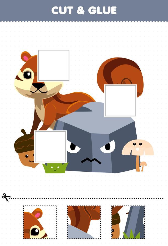 Education game for children cut and glue cut parts of cute cartoon squirrel behind the stone and glue them printable nature worksheet vector