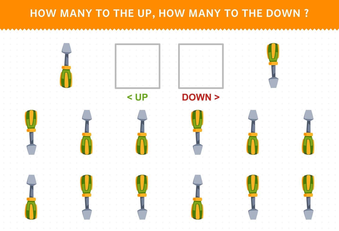 Education game for children counting how many up and down picture of cute cartoon screwdriver printable tool worksheet vector