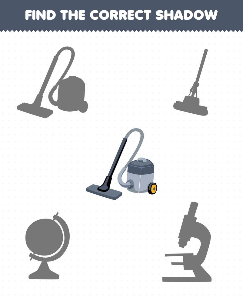 Education game for children find the correct shadow set of cute cartoon vacuum cleaner printable tool worksheet vector