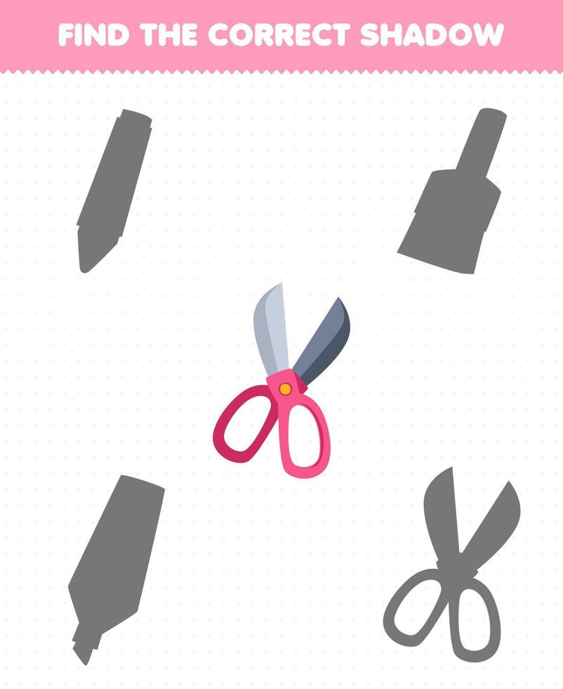Education game for children find the correct shadow set of cute cartoon scissor printable tool worksheet vector