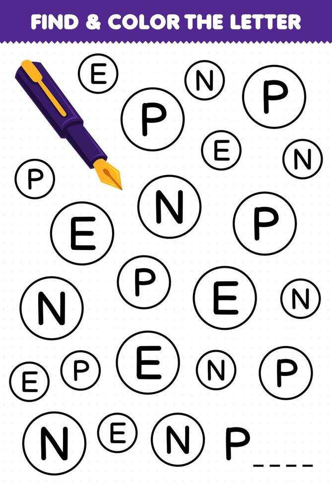 Education game for children find and color letter P for pen printable tool worksheet vector