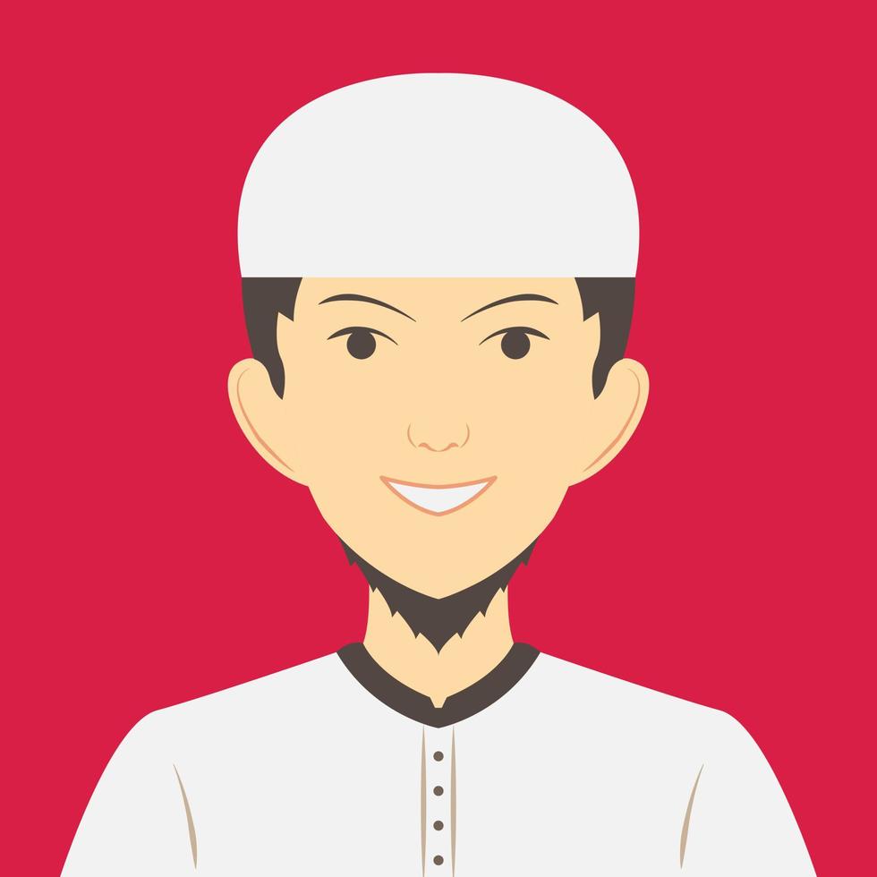 Avatar portrait of young muslim man wearing white clothes. Flat vector illustration
