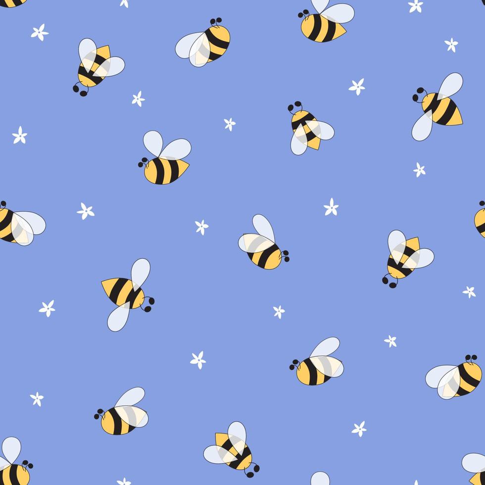 Flowers insects pattern seamless Fabric design with simple floral flying bee on blue background. Cute hand drawn summer template Repeated textile design cloth wallpaper wrap paper. Bee illustration vector