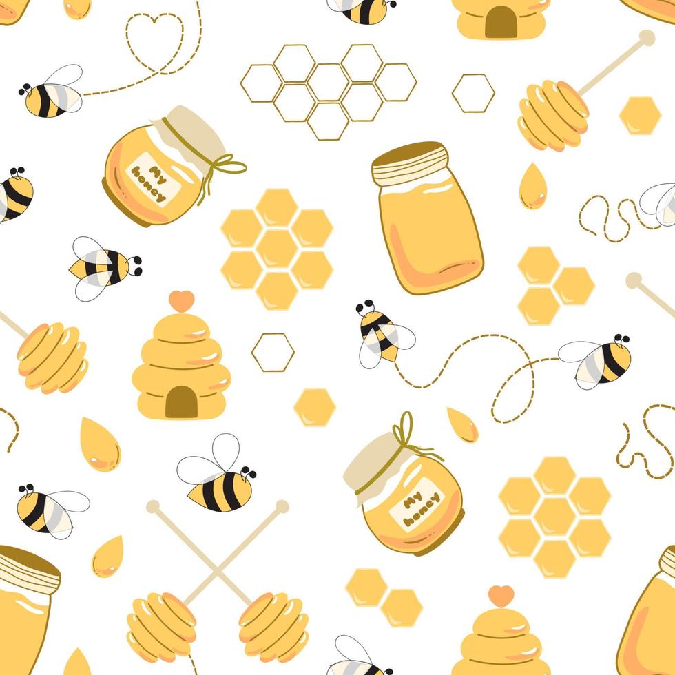 patrón sin costuras de miel de abeja plantilla amarilla de miel fondo de apicultura tarro de miel, casa, cuchara, abeja voladora, gotas, panal lindas plantillas de fondo de miel natural dulce dibujadas a mano. ilustración amarilla. vector