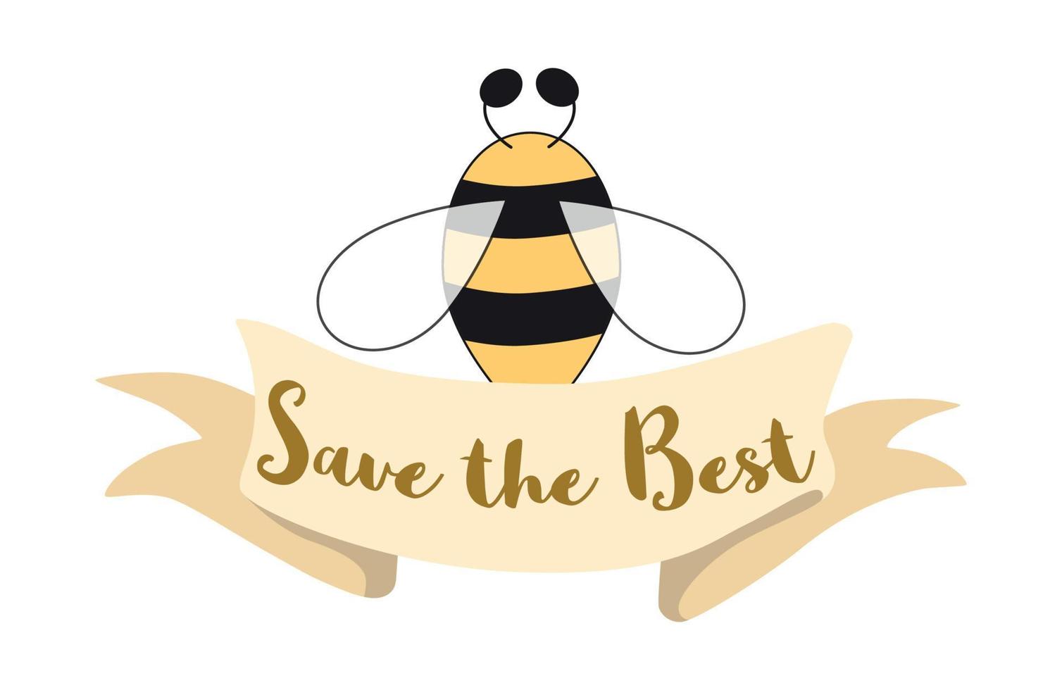 diseño de etiquetas de miel de abeja. concepto de productos de miel orgánica, diseño de paquetes. cinta con texto guardar lo mejor. lindo estampado dibujado a mano estilo de dibujos animados logotipo de apicultura, símbolo, póster. ilustración de abejorro. vector