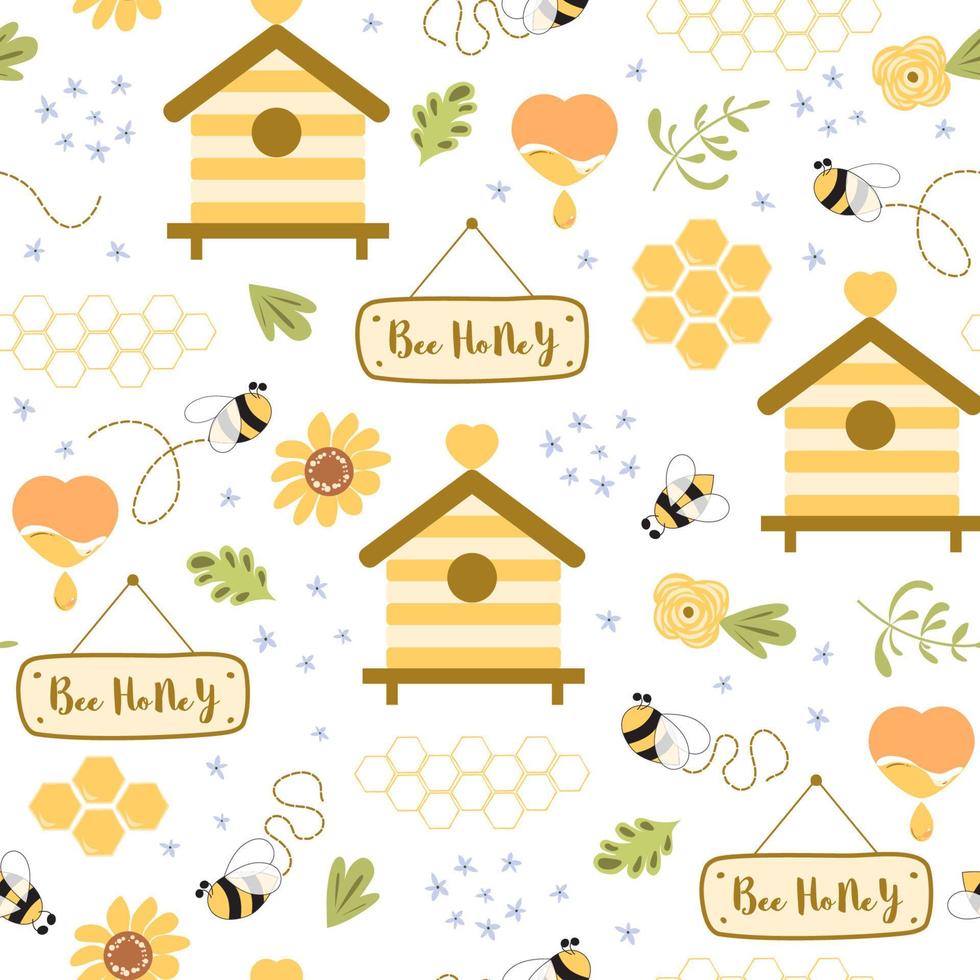 fondo de apicultura de patrones sin fisuras de miel de abeja. linda colmena dibujada a mano abeja flores índice corazón dulce miel natural patrón amarillo. plantilla de verano. Producto organico. linda ilustración. vector