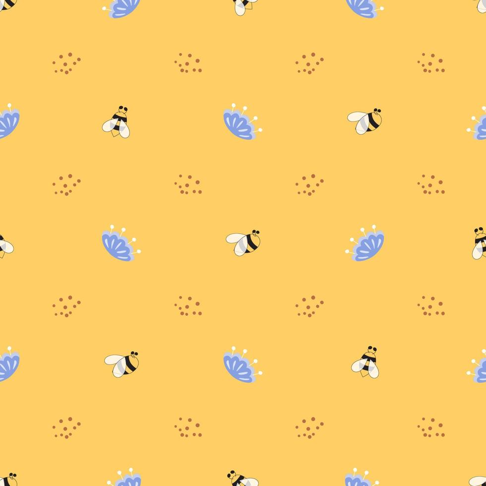 Flowers insects pattern seamless in yellow color. Fabric design with simple summer elements. Cute hand drawn yellow background. Repeated textile design cloth wallpaper wrap paper. Yellow illustration. vector