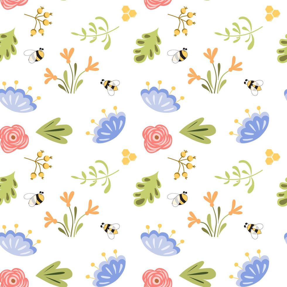 Flowers insects pattern. Trendy endless floral ditsy background. Fabric design with blooming flowers. Cute hand drawn spring summer design for fabric cloth wallpaper wrap paper. Botany illustration. vector