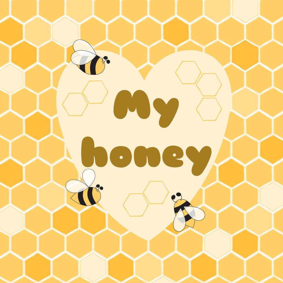 My honey banner Cute poster for Bee party birthday Kids birth, baby shower, St Valentines day date. Yellow honeycomb background. Love concept. Heart shape. Hand drawn bee. Bumblebee illustration. vector