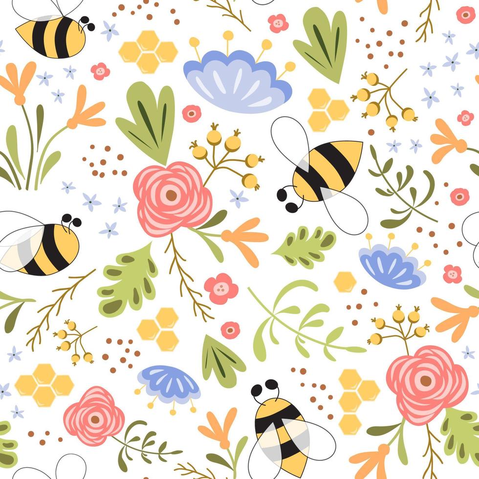 Trendy seamless floral ditsy pattern. Fabric design with simple flowers. Cute hand drawn spring summer flower bees honey Bright repeated pattern fabric cloth wallpaper wrap paper. Bee illustration. vector