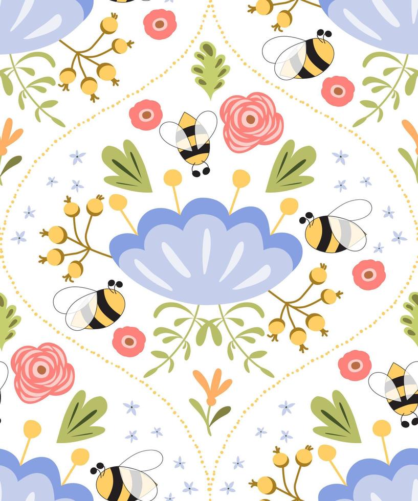 Damask summer seamless pattern. Insects, flowers in retro style. Damask floral print. Cute hand drawn background. Pretty design for fabric textile wallpaper print. damask texture. Floral illustration. vector