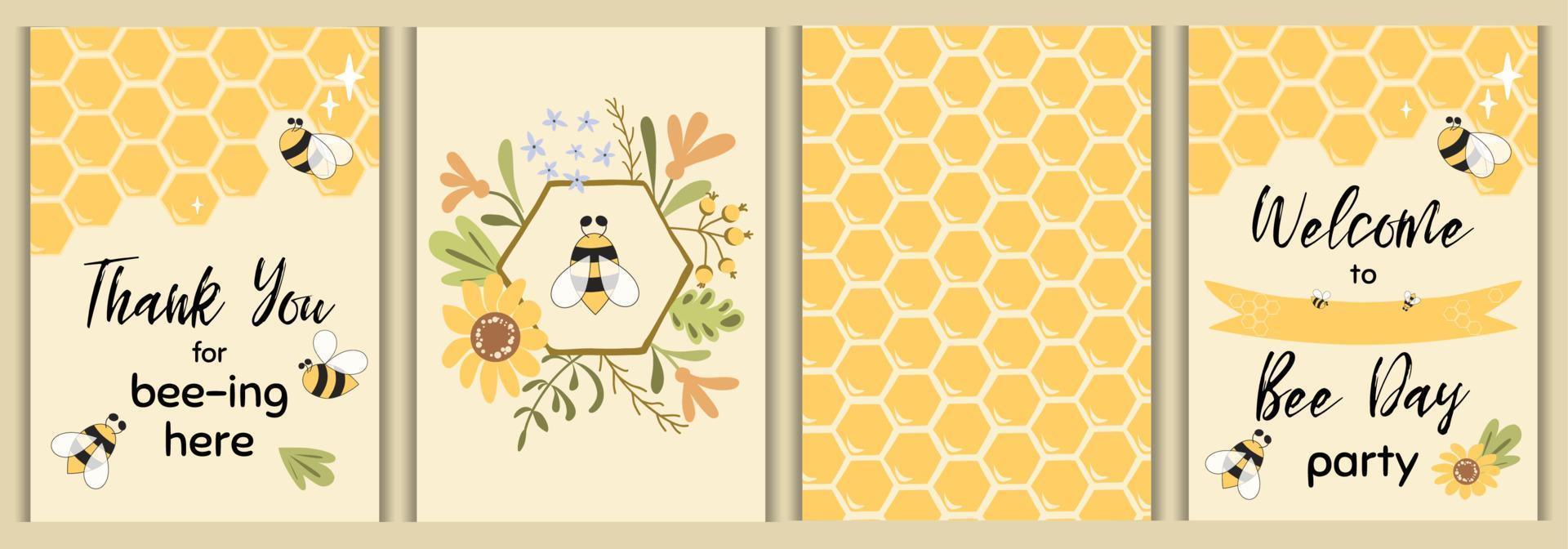 juego de fiesta de abejas. plantillas de tarjetas de día de abeja dulce para baby shower, fiesta infantil, cumpleaños, evento temático infantil. Bienvenido, gracias. linda invitación dibujada a mano imprimir pancarta ilustración de abejorro producto para bebés. vector