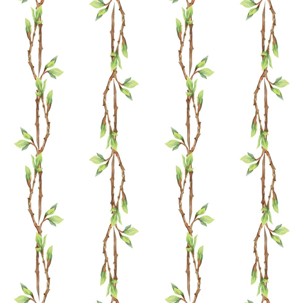Watercolor hand drawn seamless pattern of spring branches and twigs with fresh leaves. Isolated on white background Design for invitations, wedding, greeting cards, wallpaper, print, textile. vector