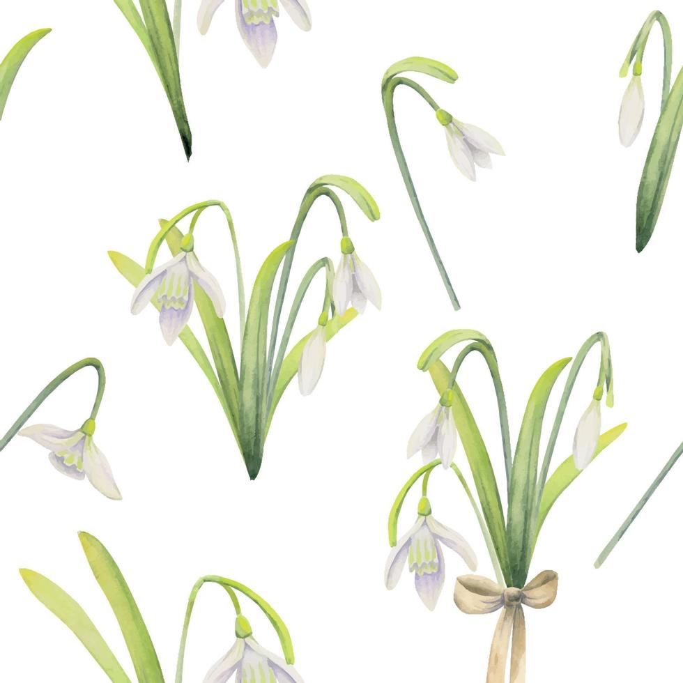 Watercolor hand drawn seamless pattern with spring flowers, snowdrops, leaves, stems. Isolated on white background Design for invitations, wedding, greeting cards, wallpaper, print, textile. vector