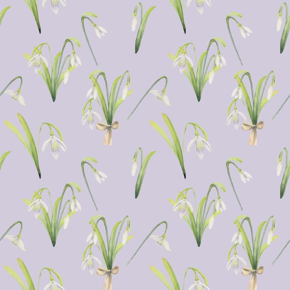 Watercolor hand drawn seamless pattern with spring flowers, snowdrops, leaves, stems. Isolated on color background Design for invitations, wedding, greeting cards, wallpaper, print, textile vector