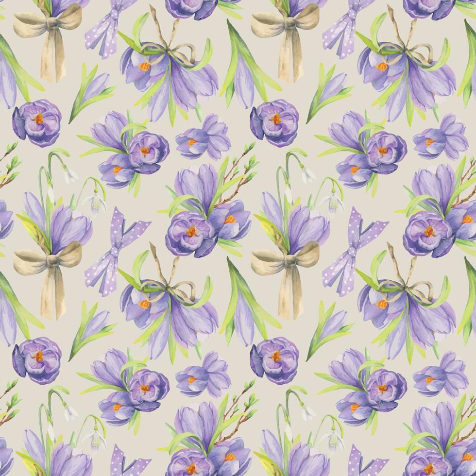 Watercolor hand drawn seamless pattern with spring flowers, crocus, snowdrops, leaves, stems. Isolated on color background Design for invitations, wedding, greeting cards, wallpaper, print, textile. vector