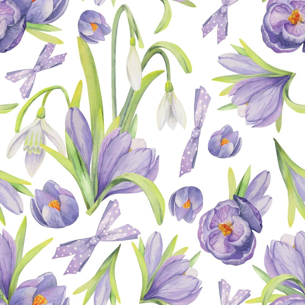 Watercolor hand drawn seamless pattern with spring flowers, crocus, snowdrops, leaves, stems. Isolated on white background Design for invitations, wedding, greeting cards, wallpaper, print, textile. vector