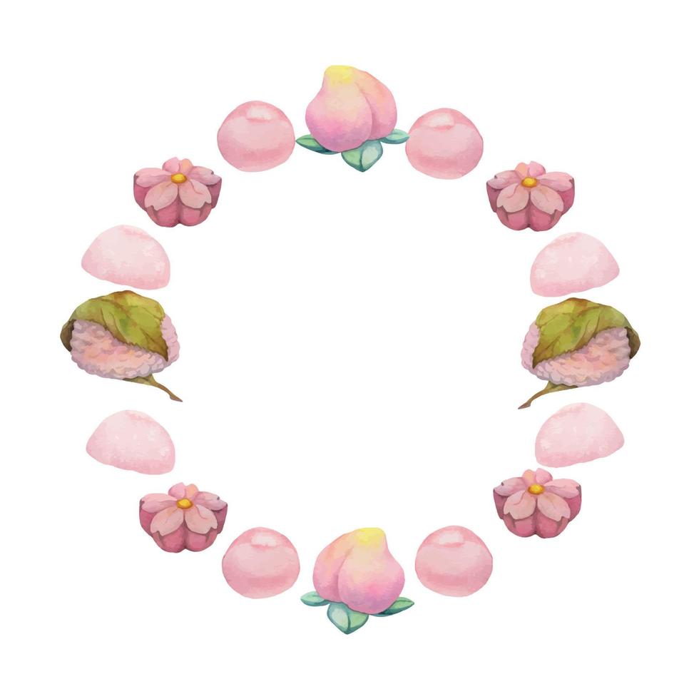 dulces japoneses tradicionales dibujados a mano con acuarela. corona circular de primavera wagashi, flor de sakura aislada sobre fondo blanco. diseño para invitaciones, menú de restaurante, tarjetas de felicitación, impresión, textil vector