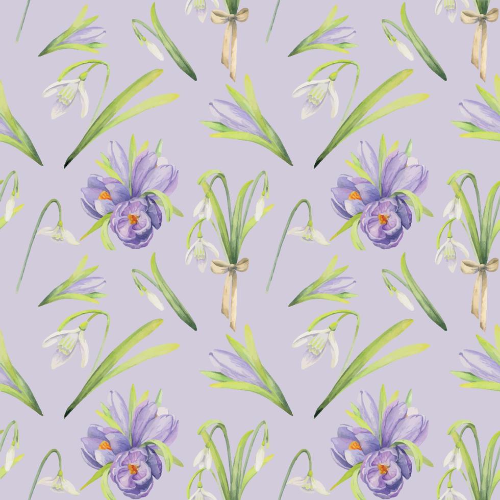 Watercolor hand drawn seamless pattern with spring flowers, crocus, snowdrops, leaves, stems. Isolated on color background Design for invitations, wedding, greeting cards, wallpaper, print, textile. vector