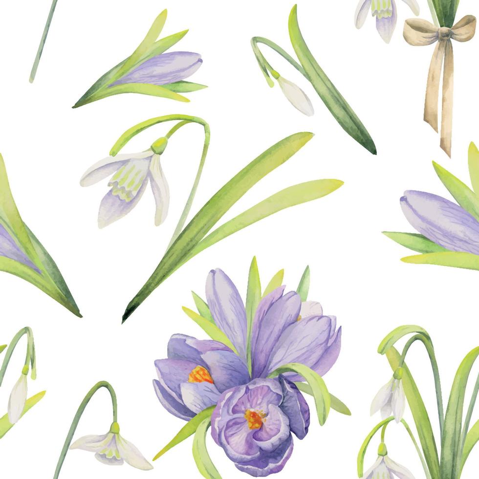 Watercolor hand drawn seamless pattern with spring flowers, crocus, snowdrops, leaves, stems. Isolated on color background Design for invitations, wedding, greeting cards, wallpaper, print, textile. vector