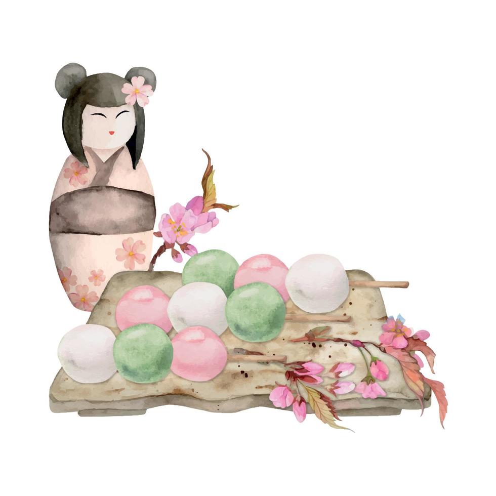 dulces japoneses tradicionales dibujados a mano con acuarela. dango de primavera, flor de cerezo de sakura, muñeca kokeshi. aislado sobre fondo blanco. para invitaciones, menú de restaurante, tarjetas de felicitación, impresión, textil vector