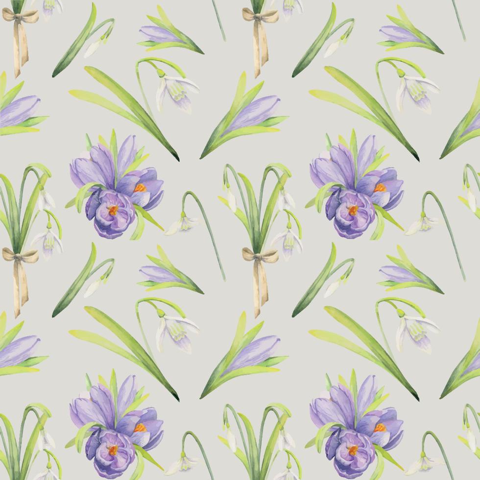 Watercolor hand drawn seamless pattern with spring flowers, crocus, snowdrops, leaves, stems. Isolated on color background Design for invitations, wedding, greeting cards, wallpaper, print, textile. vector