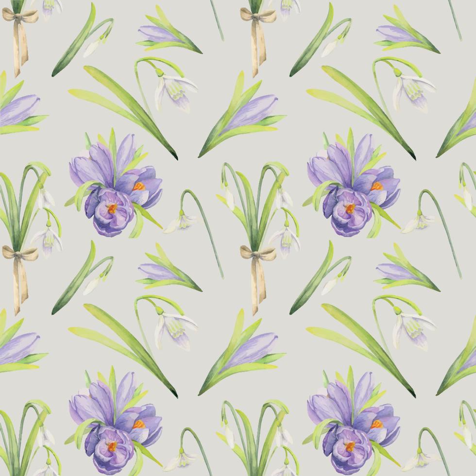 Watercolor hand drawn seamless pattern with spring flowers, crocus, snowdrops, leaves, stems. Isolated on color background Design for invitations, wedding, greeting cards, wallpaper, print, textile. vector