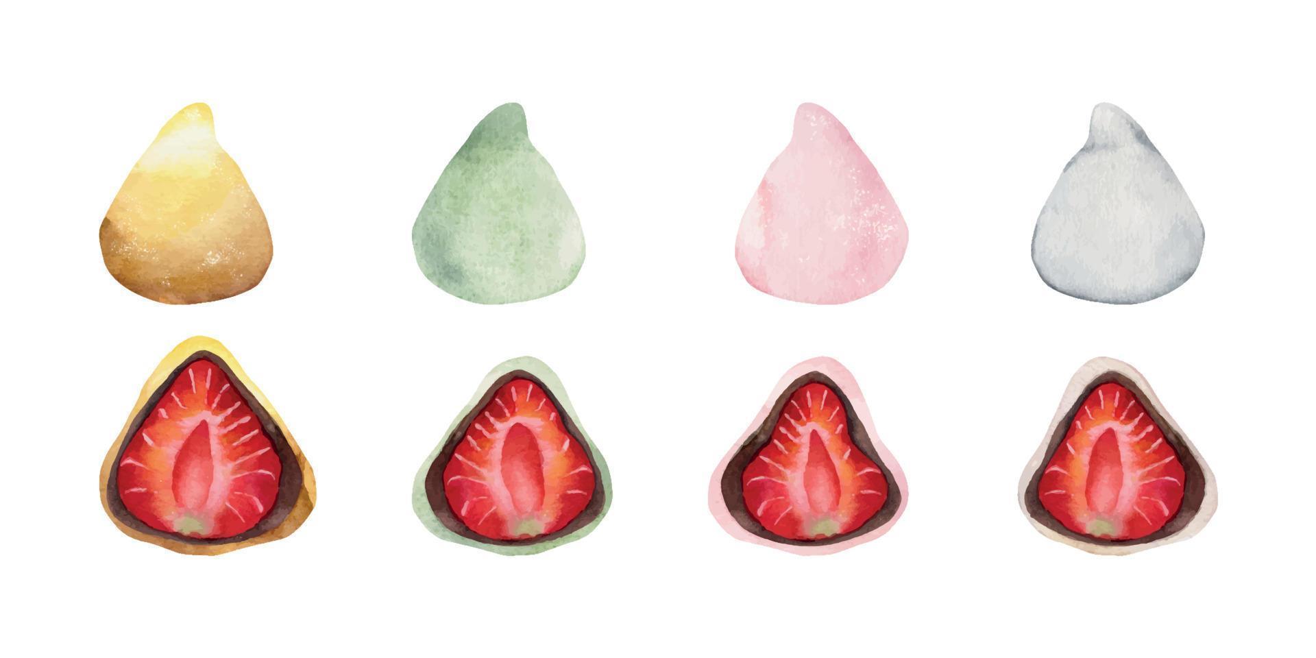Watercolor hand drawn traditional Japanese sweets. Assortment of strawberry daifuku mochi. Isolated on white background. Design for invitations, restaurant menu, greeting cards, print, textile vector