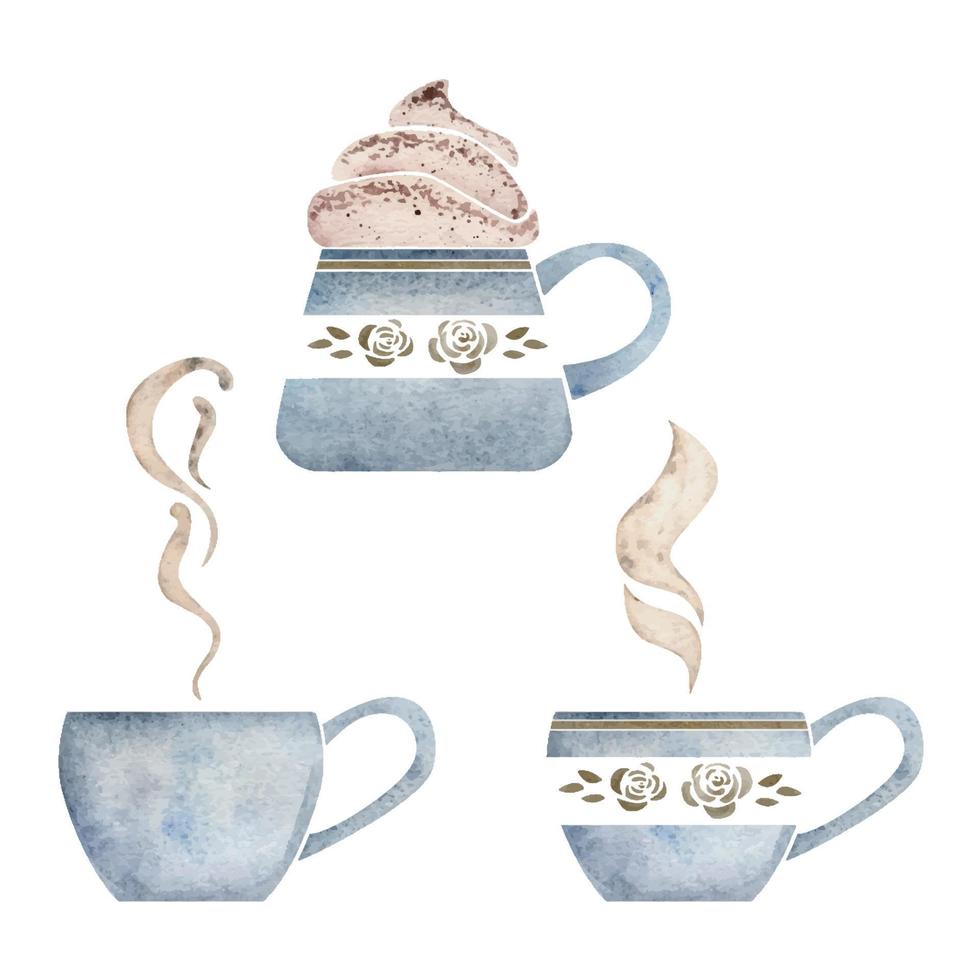 Watercolor hand drawn set of objects. Coffee cups with steam and whipped cream, porcelain and gold. Isolated on white background. For invitations, cafe, restaurant food menu, print, website, cards vector
