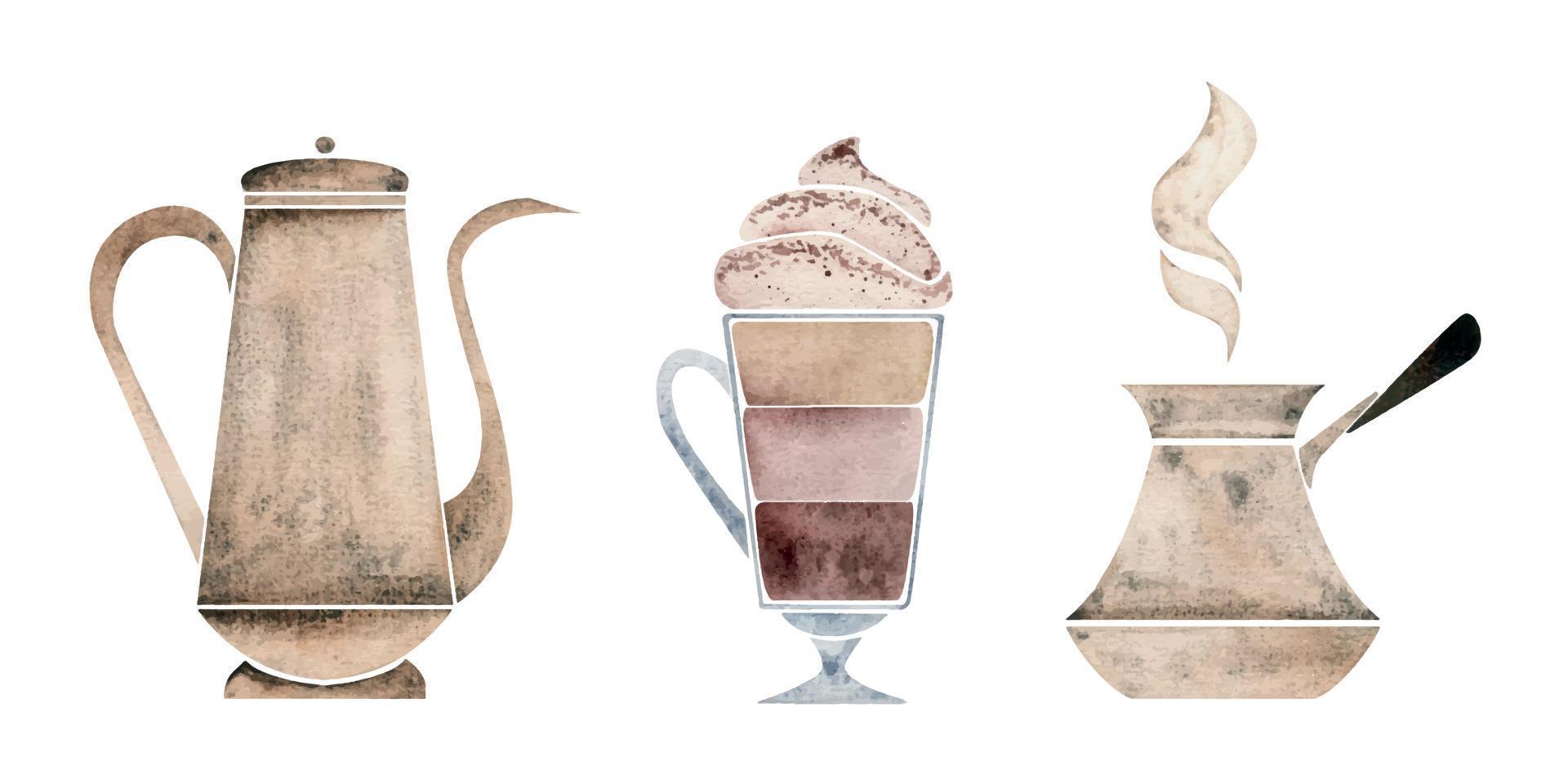 Watercolor hand drawn set of objects. Latte coffee cup with whipped cream, copper pot and turkish cezve. Isolated on white background For invitations, cafe, restaurant food menu, print, website, cards vector