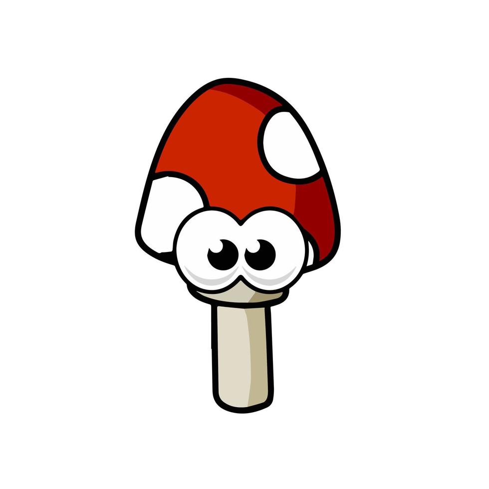 Mushroom character. Funny children drawing with red cap. Cute outline cartoon vector