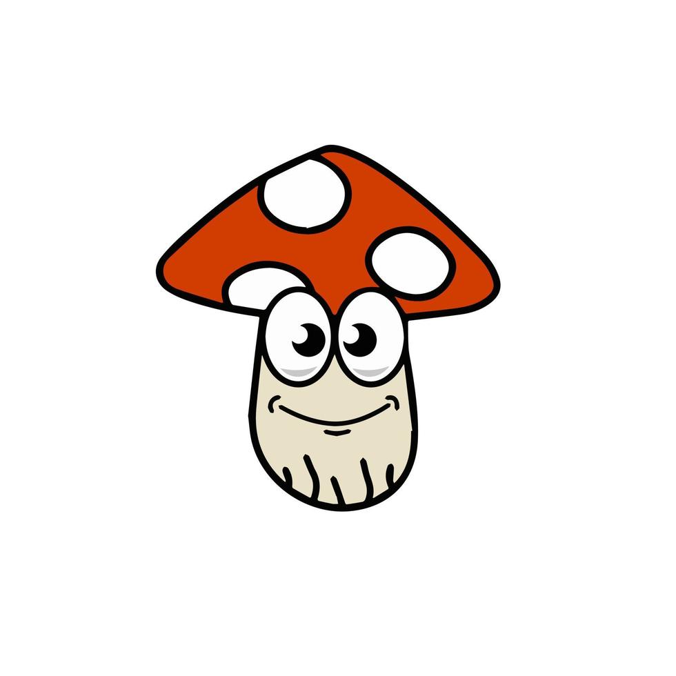 Mushroom character. Funny children drawing with red cap. Cute outline cartoon vector