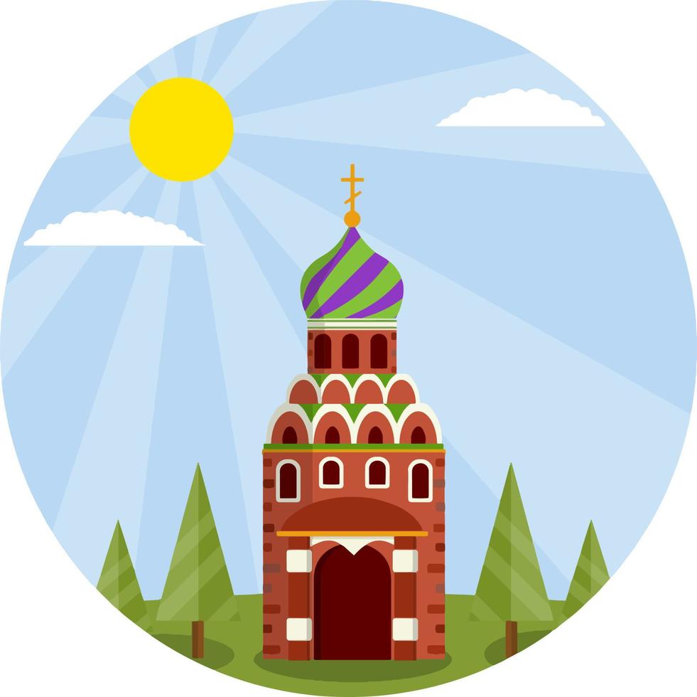 Orthodox Church. Eastern religious temple with bell tower. Monastery and Cathedral. Element of red square in Moscow Kremlin. Cartoon flat illustration. Prayer and Christian Greek and Russian faith vector