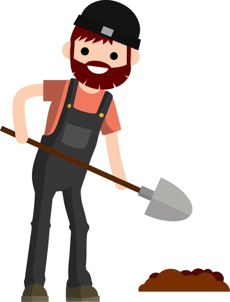 Man farmer with shovel dig ground bed. Countryside worker in jumpsuit. Kind of profession. Spring planting. Organic food. The boy in the village. Cartoon flat illustration vector