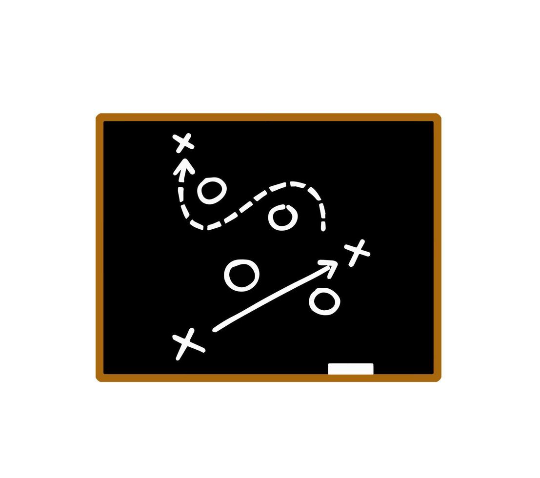 Sports tactics and strategy on blackboard. Scheme of movement of team player. Combination of crosses and circles with path arrows on chalkboard. Pitch ball instructions vector