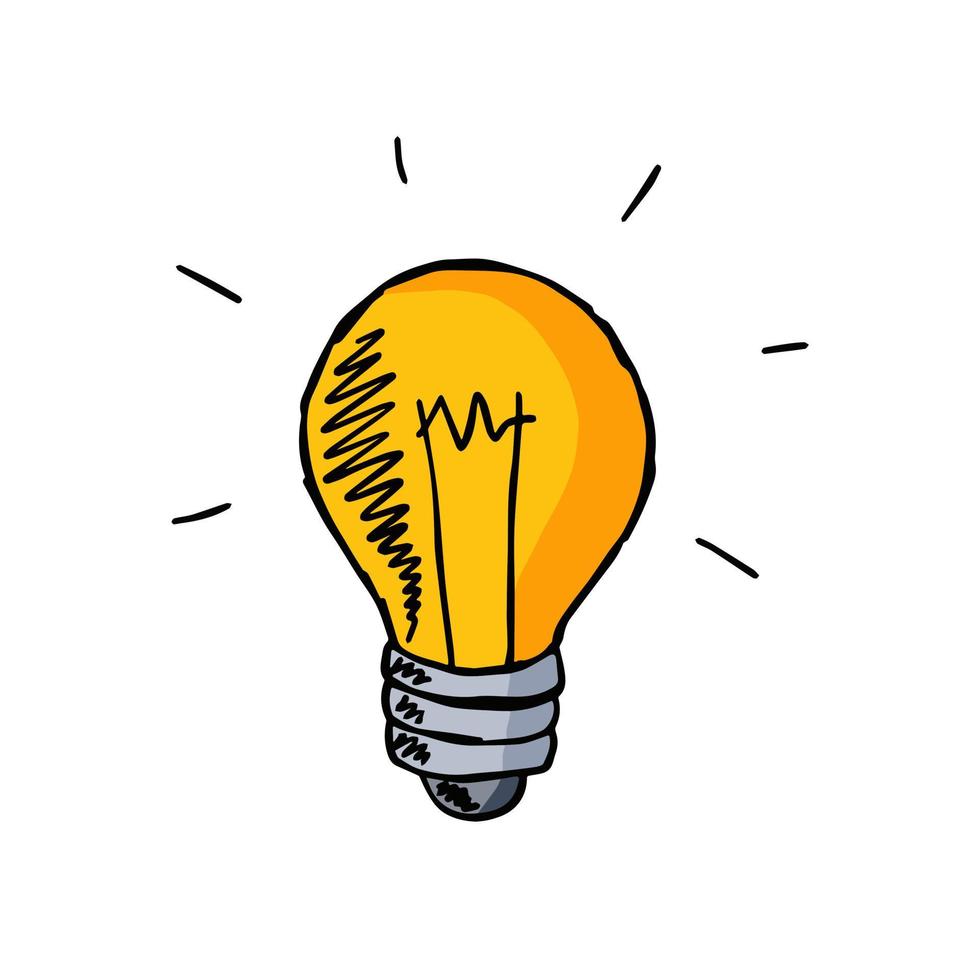 Light Bulb. Sketch drawn electric device. Cartoon doodle lighting concept and idea. Solution and creative vector