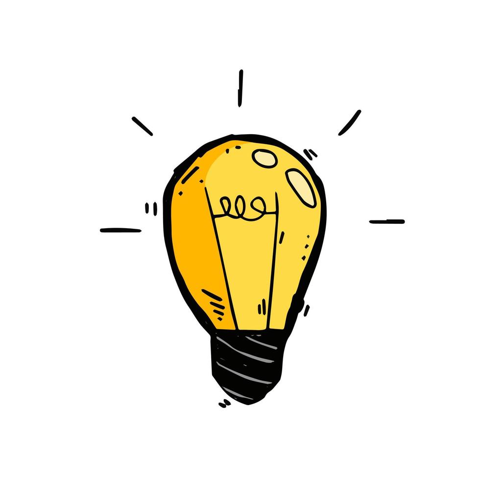 Light Bulb. Sketch drawn electric device. Cartoon doodle lighting concept and idea. Solution and creative vector